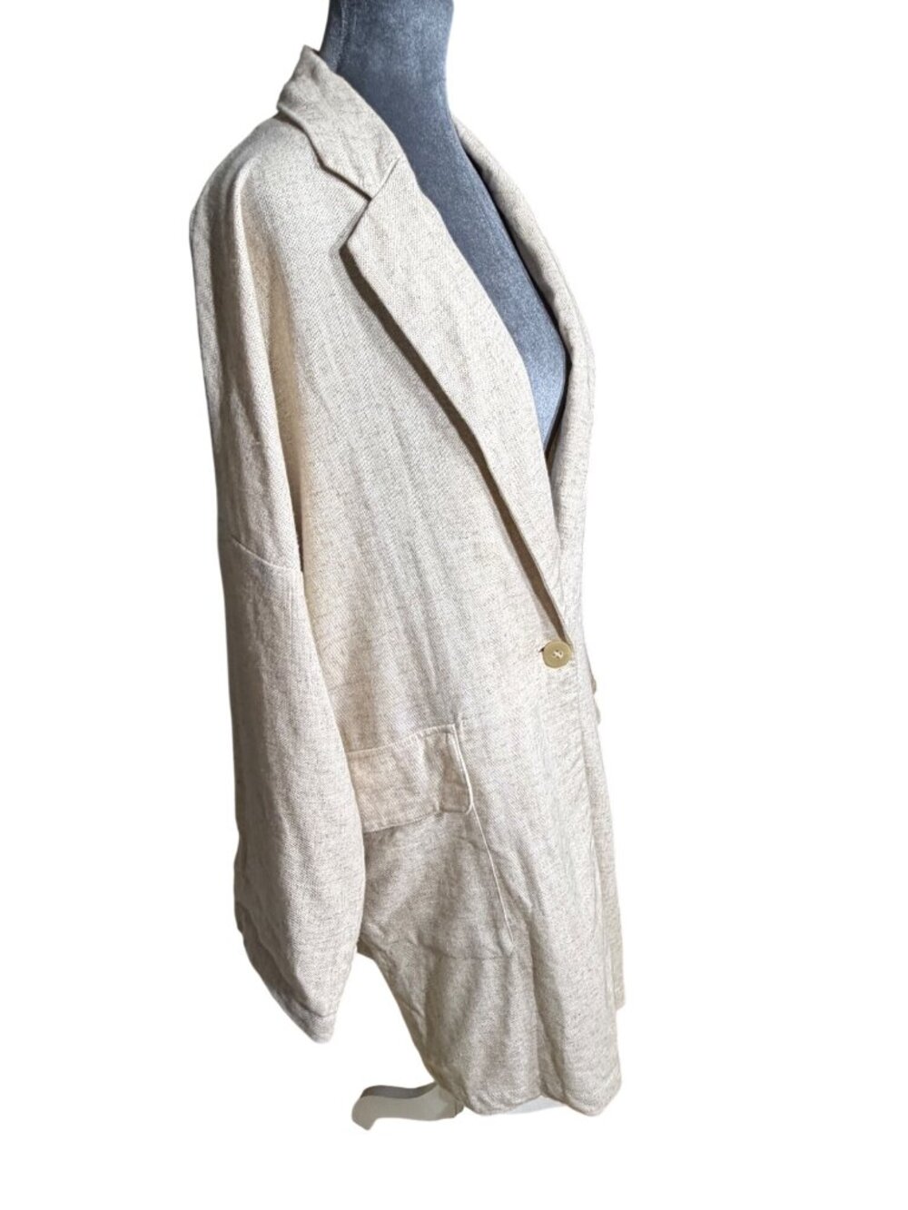 Oversized Zara Beige Linen Blend Single-Button Womens Blazer Coat With Pockets S - Picture 6 of 11